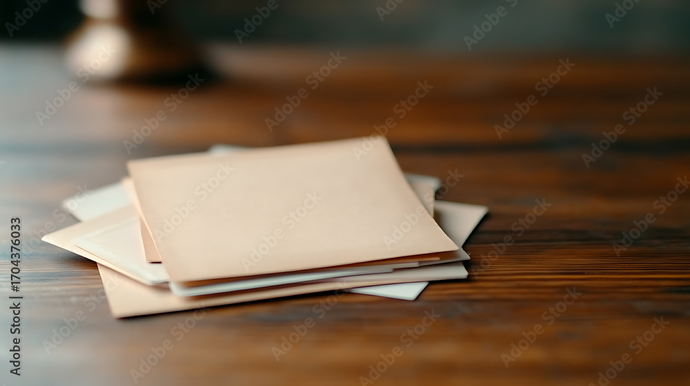 Naklejka premium Stack of vintage cards on a wooden desk creates a sense of nostalgia and rustic charm. Warm tones and soft lighting add to the cozy atmosphere.