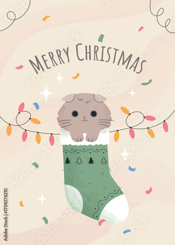 Hand drawn Christmas poster with cat in festive holiday sock surrounded by confetti. Beige pastel background with the greeting Merry Christmas. Perfect for pet lovers and holiday decor.