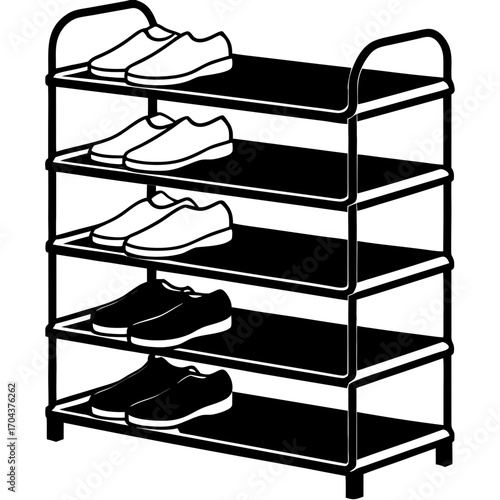 Black and white silhouette of a five tier shoe rack filled with shoes isolated on white background