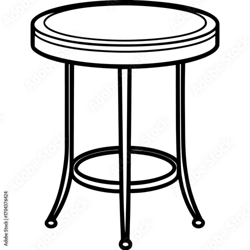 Simple black outline drawing of a round top bar stool with four legs and a footrest isolated on white background silhouette