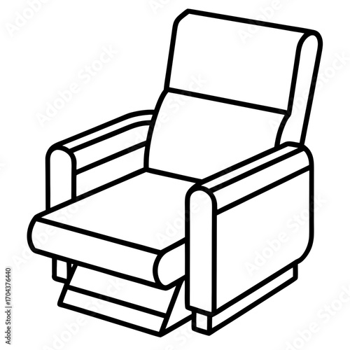 Comfortable recliner chair silhouette with padded arms and footrest isolated on white background