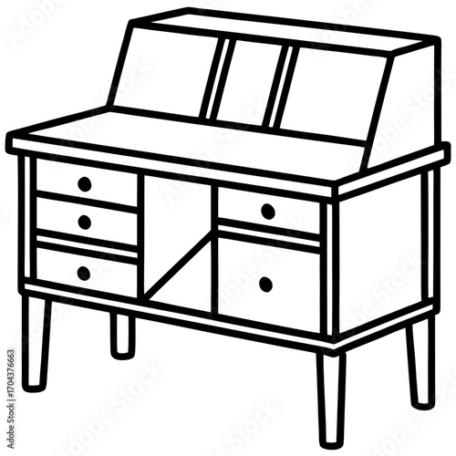 Vintage wooden writing desk with multiple drawers and compartments silhouette isolated on white background