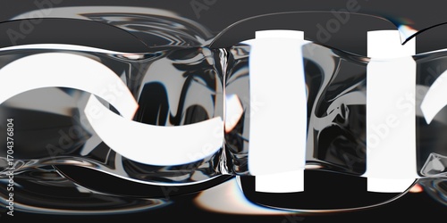 Canvastavla 360-degree HDRI of a dark render studio with dynamic light bars and fluid chrome reflections