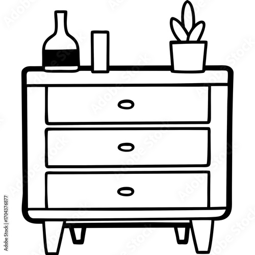 Simple outline silhouette of a three drawer dresser with decorative items isolated on white background