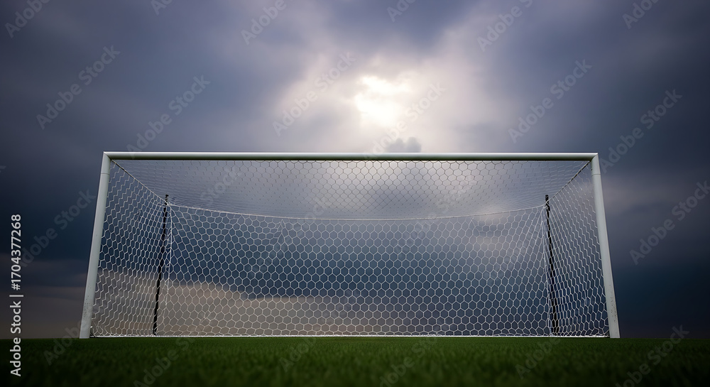 Fototapeta premium Futuristic energy efficient solar panel installation in a green field under a dramatic cloudy sky