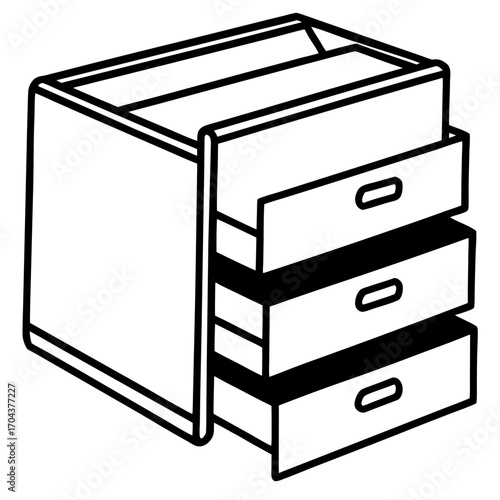 Three drawer filing cabinet with open drawers silhouette isolated on white background
