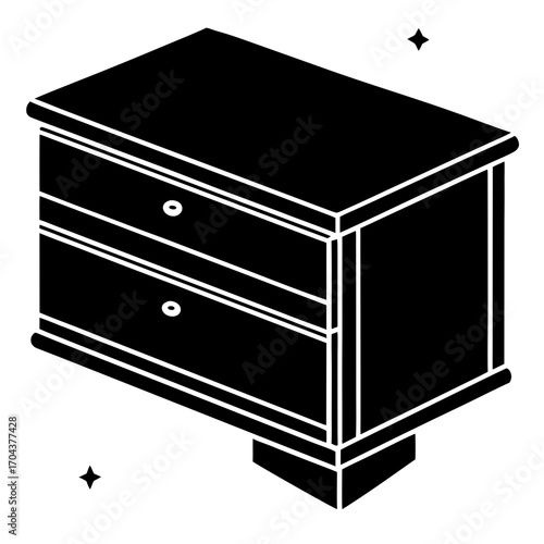 Isometric black silhouette of a two drawer nightstand isolated on white background silhouette