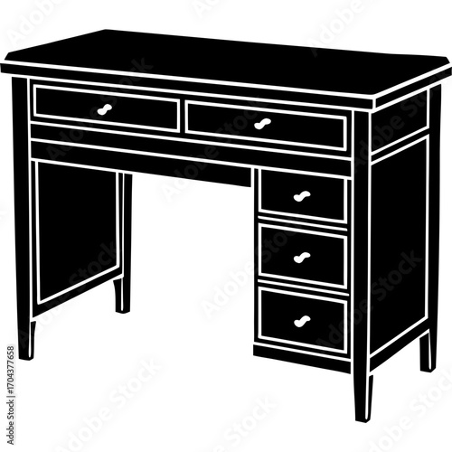 Classic wooden desk with multiple drawers and a spacious surface silhouette isolated on white background