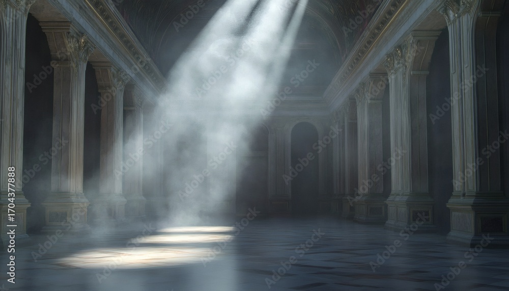 Fototapeta premium The image shows a digitally created interior of a large hall featuring numerous columns, a high arched ceiling, and sunlight streaming through unseen openings, creating atmospheric effects of light
