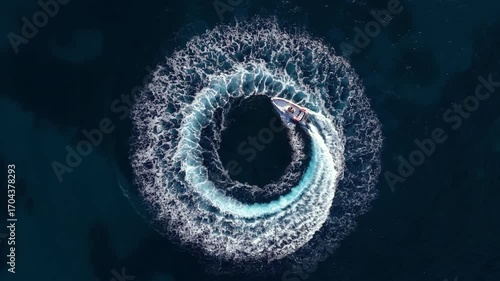 Aerial overhead view of a RIB speedboat turning circles on the water surface and driving away leaving a trail of surf and waves