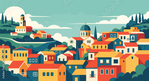 Flat vector illustration of a colorful Mediterranean town with domed churches, bell towers, and hillside houses, evoking the charm of Italian, Spanish, or Greek coastal villages