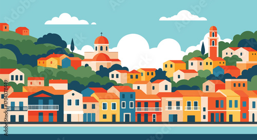 Flat vector illustration of a colorful Mediterranean town with domed churches, bell towers, and hillside houses, evoking the charm of Italian, Spanish, or Greek coastal villages