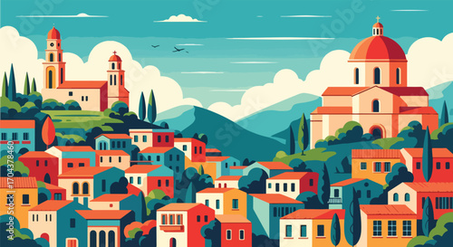 Flat vector illustration of a colorful Mediterranean town with domed churches, bell towers, and hillside houses, evoking the charm of Italian, Spanish, or Greek coastal villages
