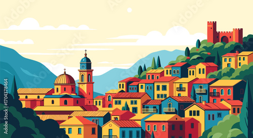 Flat vector illustration of a colorful Mediterranean town with domed churches, bell towers, and hillside houses, evoking the charm of Italian, Spanish, or Greek coastal villages