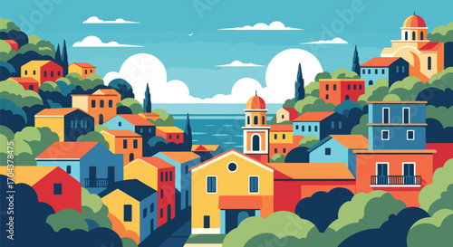 Flat vector illustration of a colorful Mediterranean town with domed churches, bell towers, and hillside houses, evoking the charm of Italian, Spanish, or Greek coastal villages