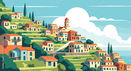 Flat vector illustration of a colorful Mediterranean town with domed churches, bell towers, and hillside houses, evoking the charm of Italian, Spanish, or Greek coastal villages