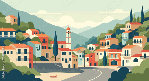Flat vector illustration of a colorful Mediterranean town with domed churches, bell towers, and hillside houses, evoking the charm of Italian, Spanish, or Greek coastal villages
