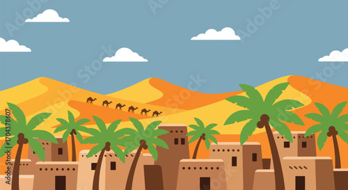 Flat vector illustration of a desert village with palm trees, sand dunes, and camel caravans, evoking traditional life, travel adventure, and Middle Eastern cultural landscapes