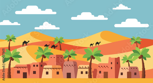 Flat vector illustration of a desert village with palm trees, sand dunes, and camel caravans, evoking traditional life, travel adventure, and Middle Eastern cultural landscapes