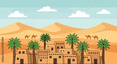 Flat vector illustration of a desert village with palm trees, sand dunes, and camel caravans, evoking traditional life, travel adventure, and Middle Eastern cultural landscapes