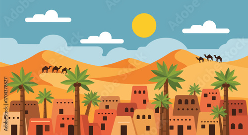 Flat vector illustration of a desert village with palm trees, sand dunes, and camel caravans, evoking traditional life, travel adventure, and Middle Eastern cultural landscapes