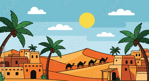 Flat vector illustration of a desert village with palm trees, sand dunes, and camel caravans, evoking traditional life, travel adventure, and Middle Eastern cultural landscapes