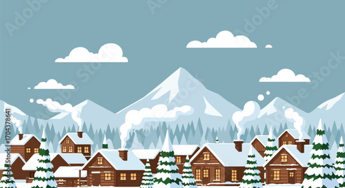 Scenic vector landscape illustration of cozy wooden cabins in a snowy mountain village with smoking chimneys, surrounded by pine trees, evoking winter holidays, relaxation, and rustic charm