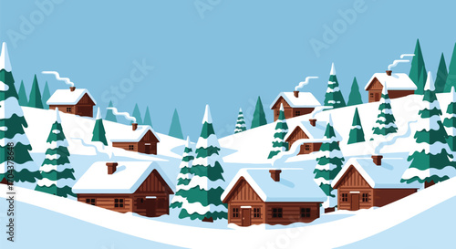 Scenic vector landscape illustration of cozy wooden cabins in a snowy mountain village with smoking chimneys, surrounded by pine trees, evoking winter holidays, relaxation, and rustic charm