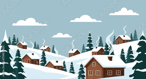 Scenic vector landscape illustration of cozy wooden cabins in a snowy mountain village with smoking chimneys, surrounded by pine trees, evoking winter holidays, relaxation, and rustic charm