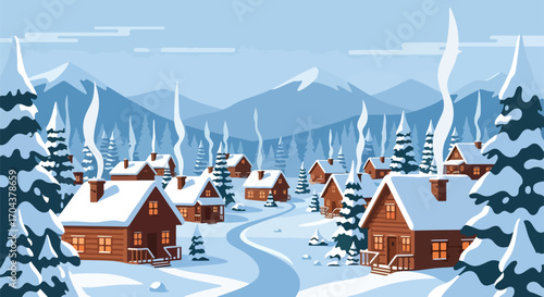Scenic vector landscape illustration of cozy wooden cabins in a snowy mountain village with smoking chimneys, surrounded by pine trees, evoking winter holidays, relaxation, and rustic charm