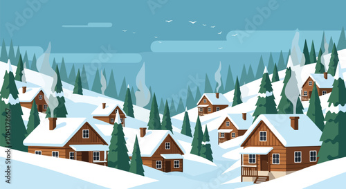 Scenic vector landscape illustration of cozy wooden cabins in a snowy mountain village with smoking chimneys, surrounded by pine trees, evoking winter holidays, relaxation, and rustic charm