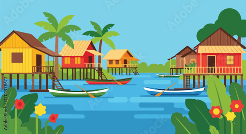 Scenic vector landscape illustration of colorful stilt houses along a tropical river with boats, surrounded by lush jungle, evoking travel, adventure, and cultural exploration