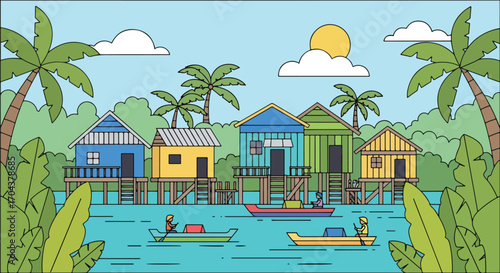 Scenic vector landscape illustration of colorful stilt houses along a tropical river with boats, surrounded by lush jungle, evoking travel, adventure, and cultural exploration