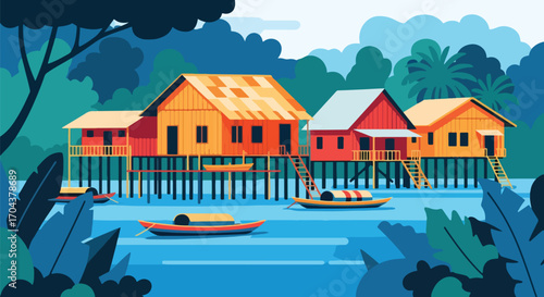 Scenic vector landscape illustration of colorful stilt houses along a tropical river with boats, surrounded by lush jungle, evoking travel, adventure, and cultural exploration