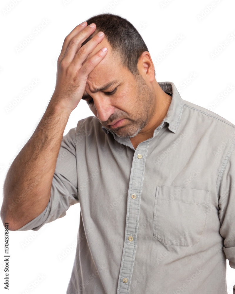 Naklejka premium Adult male looking stressed while holding head with one hand, shirt with rolled sleeves isolated on a transparent background.