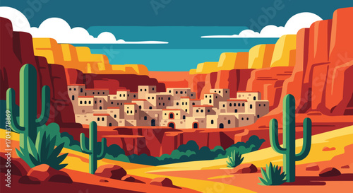 Scenic vector landscape illustration of ancient cliff dwellings in a desert canyon with tall cacti, representing history, heritage, and the beauty of arid landscapes