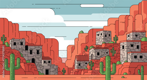 Scenic vector landscape illustration of ancient cliff dwellings in a desert canyon with tall cacti, representing history, heritage, and the beauty of arid landscapes