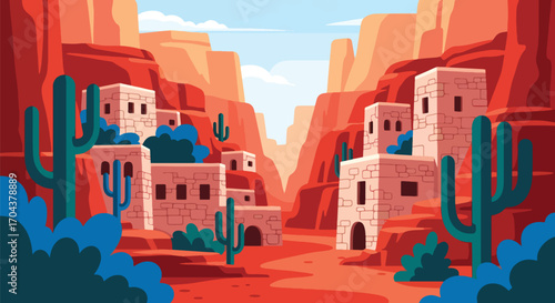 Scenic vector landscape illustration of ancient cliff dwellings in a desert canyon with tall cacti, representing history, heritage, and the beauty of arid landscapes