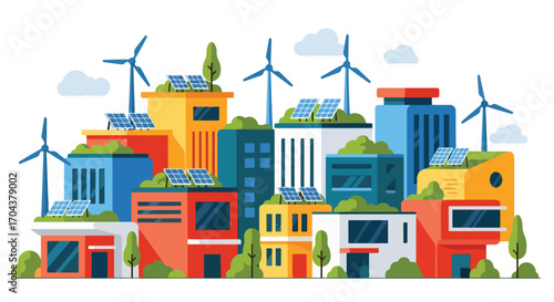 Scenic vector illustration of a sustainable city with solar panels, wind turbines, and green rooftops, representing renewable energy, eco-friendly architecture, and modern urban innovation