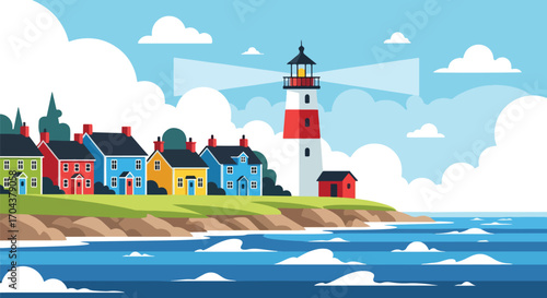 Scenic vector landscape illustration of a coastal village with colorful houses, a lighthouse, and ocean waves, symbolizing seaside charm, travel, and maritime culture
