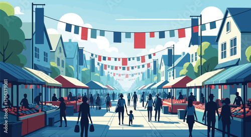 Scenic vector illustration of a lively street market with people shopping, colorful stalls, and festive banners, capturing community, culture, and the vibrant atmosphere of local commerce