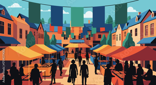 Scenic vector illustration of a lively street market with people shopping, colorful stalls, and festive banners, capturing community, culture, and the vibrant atmosphere of local commerce