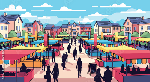 Scenic vector illustration of a lively street market with people shopping, colorful stalls, and festive banners, capturing community, culture, and the vibrant atmosphere of local commerce