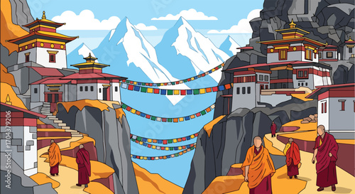 Scenic vector landscape illustration of Buddhist monasteries in the mountains with monks and prayer flags, symbolizing spirituality, culture, peace, and Himalayan travel inspiration