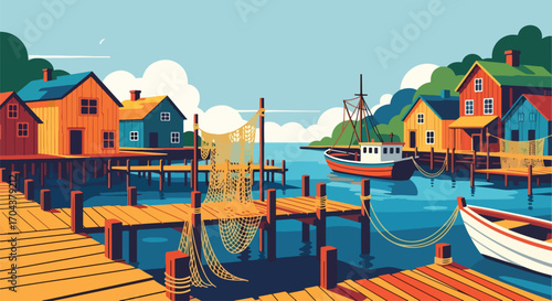 Scenic vector landscape illustration of a colorful fishing village with wooden docks, boats, and nets by the water, capturing coastal charm, livelihood, and seaside travel inspiration