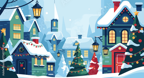 Scenic vector landscape illustration of a snowy village decorated with Christmas lights and trees, creating a festive winter holiday atmosphere filled with warmth and celebration