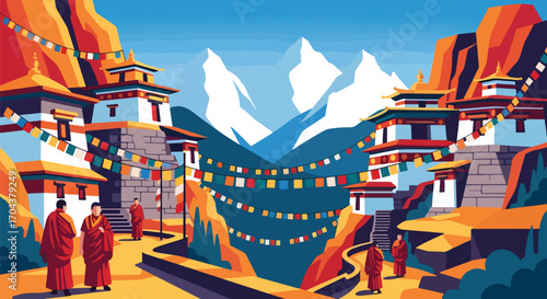 Scenic vector landscape illustration of Buddhist monasteries in the mountains with monks and prayer flags, symbolizing spirituality, culture, peace, and Himalayan travel inspiration