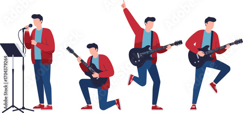 Cartoon musician, stage performance, electric guitar, red jacket, energetic pose, vector illustration, live music, jumping action, concert vibe, enthusiasm