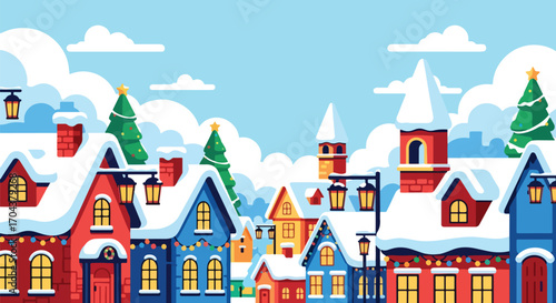 Scenic vector landscape illustration of a snowy village decorated with Christmas lights and trees, creating a festive winter holiday atmosphere filled with warmth and celebration