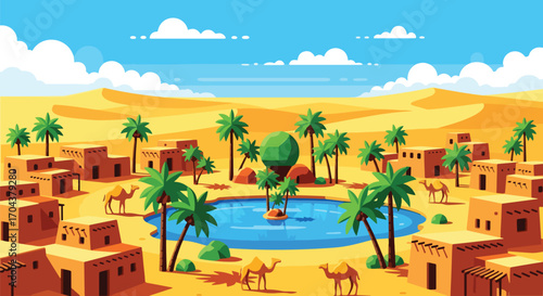 Scenic vector landscape illustration of a desert oasis with palm trees, camels, and traditional houses, symbolizing survival, culture, and travel in an arid environment
